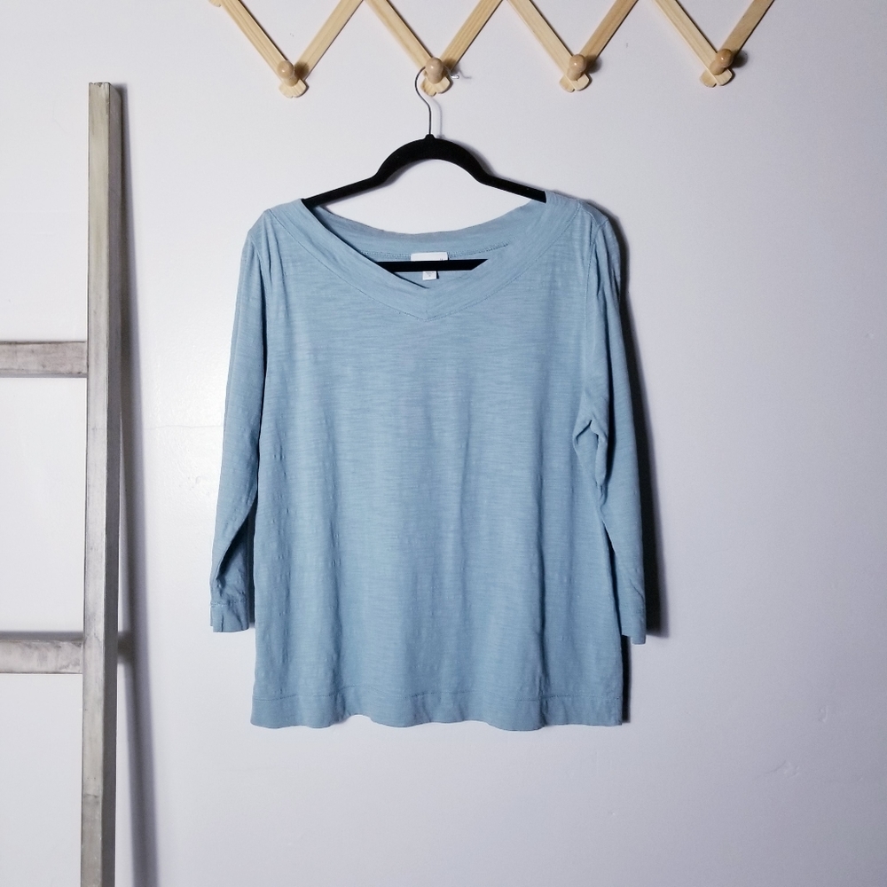 J JILL V-NECK BLUE 100% COTTON BLOUSE SIZE MEDIUM